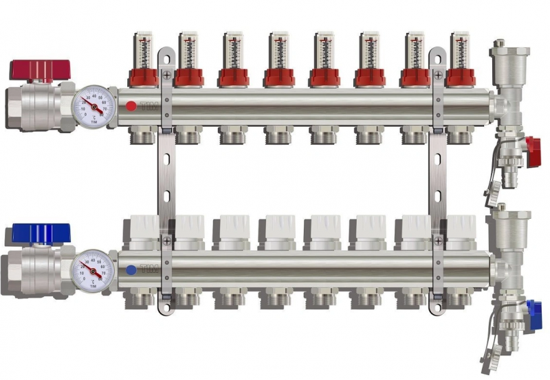 Коллекторная группа Tim (KA008) 1" ВР-ВР, 8 отводов 3/4", расходомер, воздухоотводчик, сливной кран,